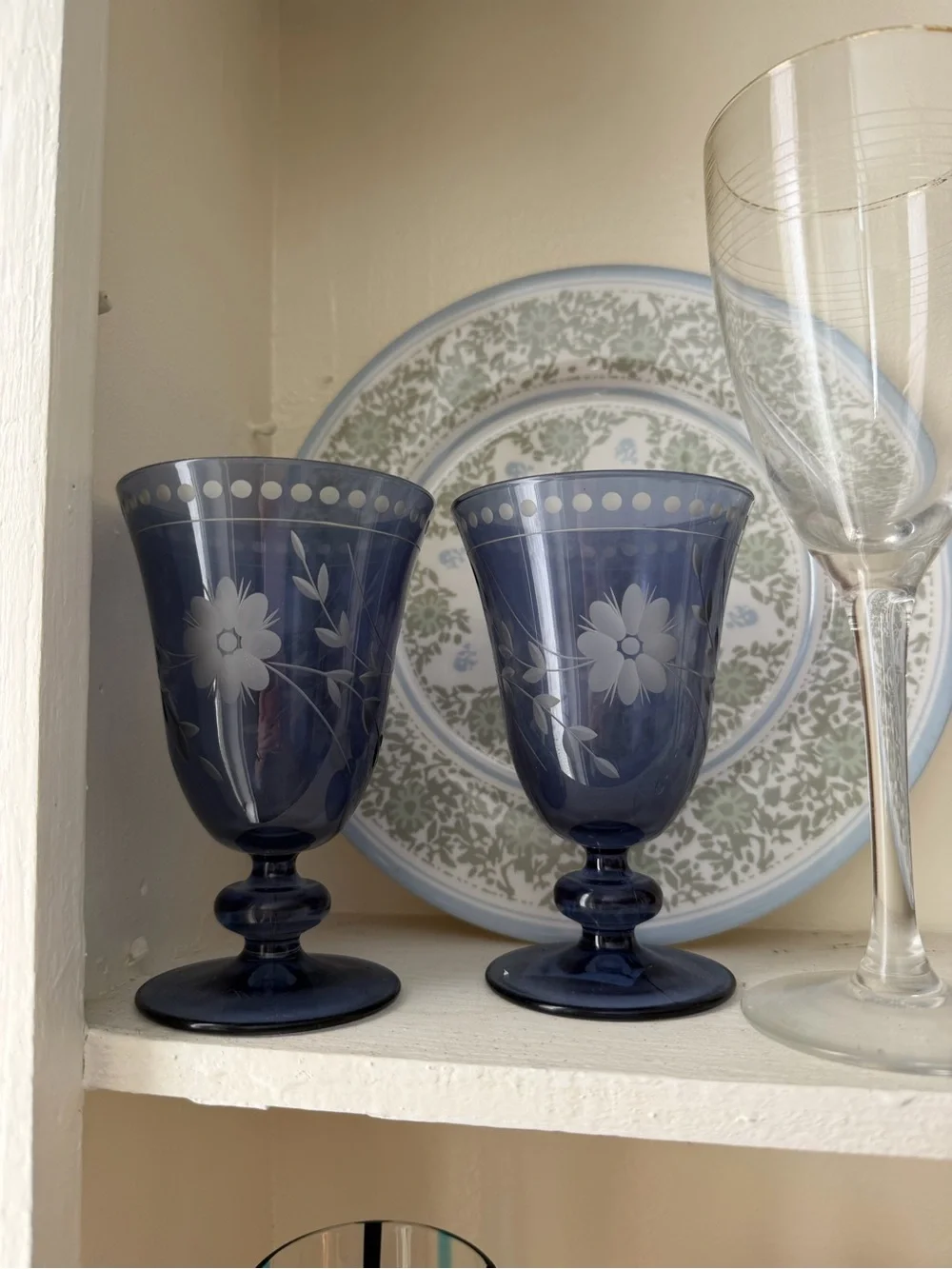 Williams Sonoma Vintage Blue Etched Floral Goblet Glasses - Set of 2
